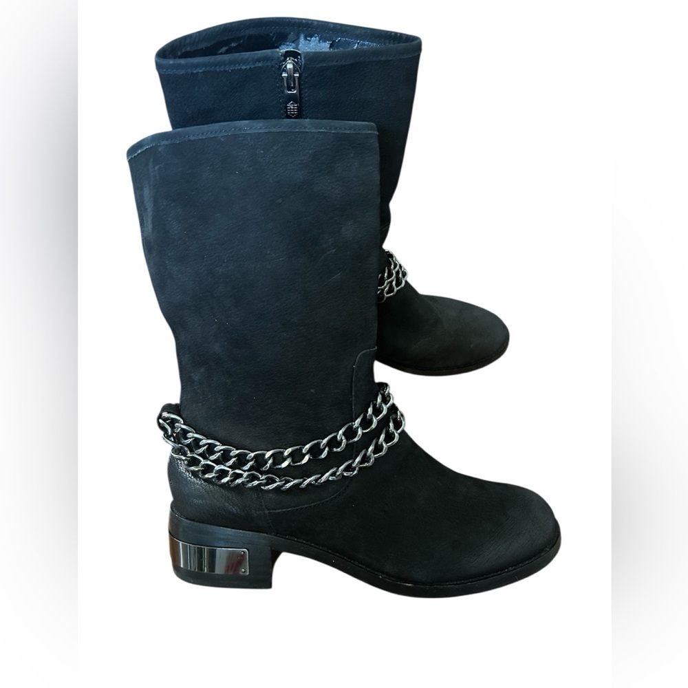 Vince Camuto Black Leather Chain Moto Mid Calf Boots Buckle Biker Riding 7.5